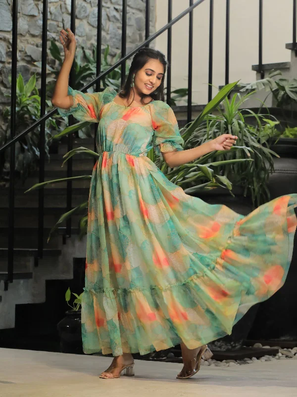 Refined Simplicity Odette Sea Green Georgette Stitched Printed Indo Western Dress For Women