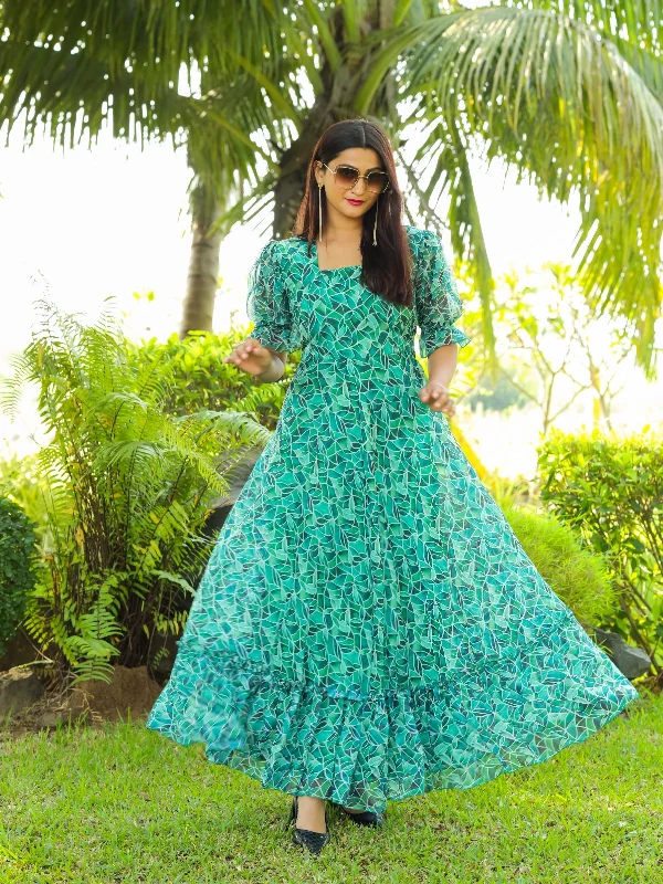 Wardrobe Essentials Odette Sea Green Georgette Stitched Printed Indo Western Dress For Women