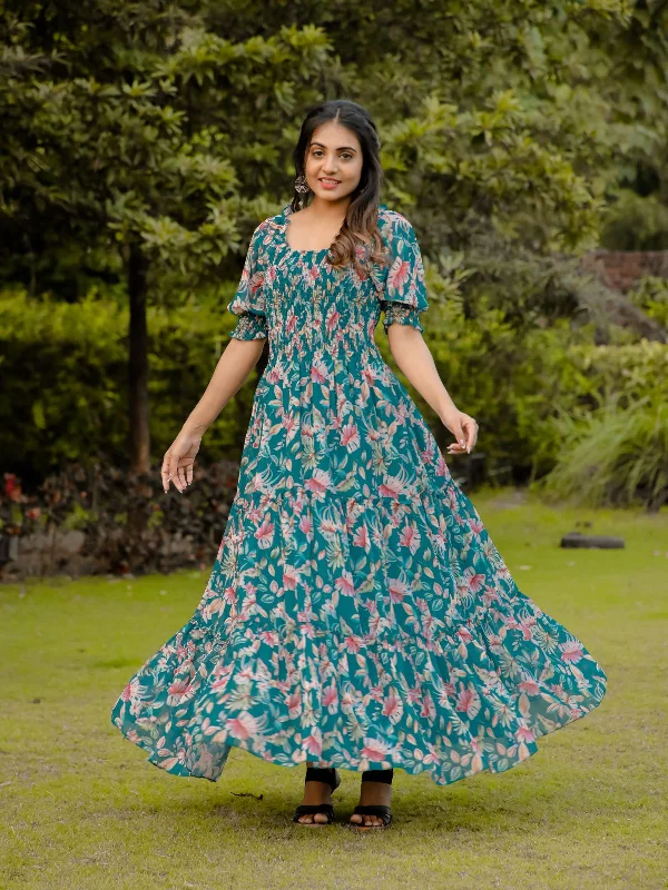 Odd Size Clearance Sale Odette Teal Georgette Stitched Printed Indo Western Dress For Women
