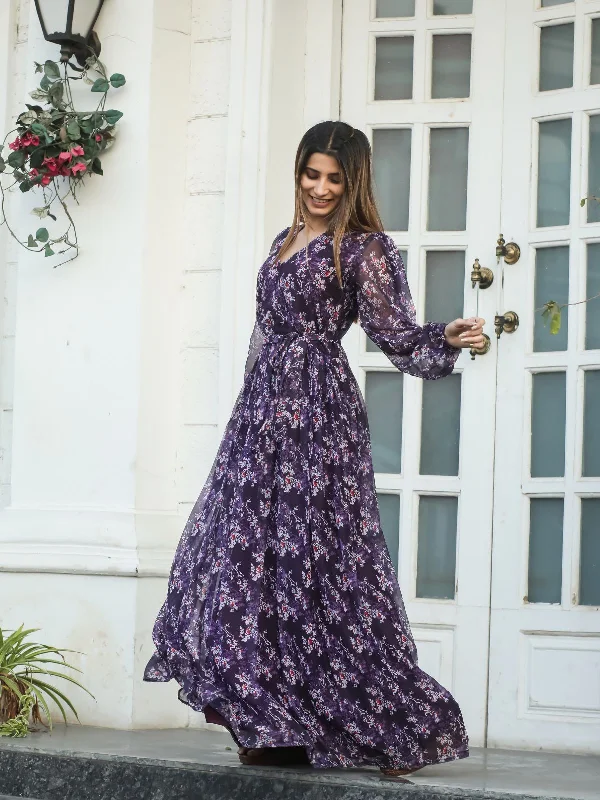 Grab Romantic Date - Night Styles Now Odette Violet Chiffon Stitched Printed Indo Western Dress For Women