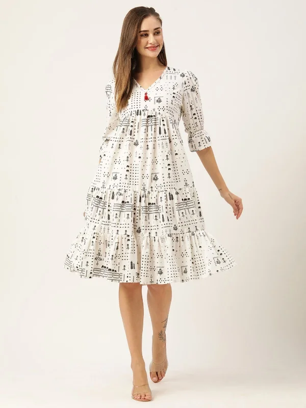 Trend Forward Threads For Her Odette White Cotton Printed Stitched Indo Western Dress For Women Trend Forward Threads For Her Odette White Cotton Printed Stitched Indo Western Dress For Women