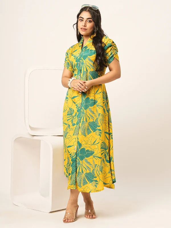 Boutique Styles Odette Yellow Cotton Printed Indo Western Dress For Women