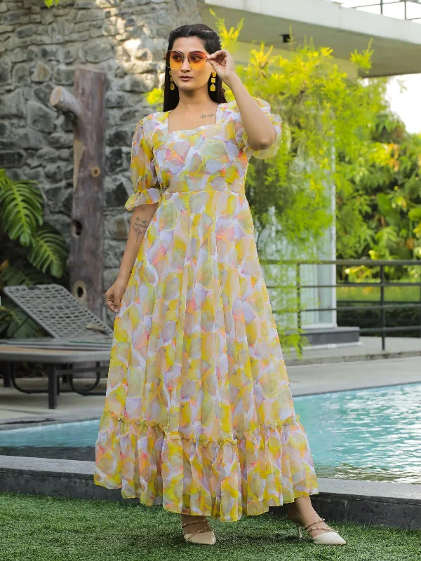 Classic Women's Fashion Odette Yellow Georgette Stitched Printed Indo Western Dress For Women