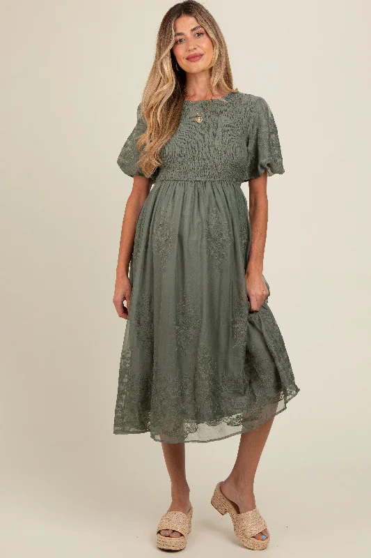 Casual Chic Olive Floral Lace Smocked Maternity Midi Dress