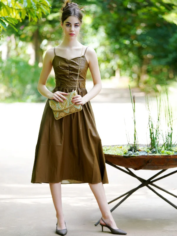 Save On Classic Elegant Styles Odette Women Olive Pu Solid Tea Length Stitched Dress