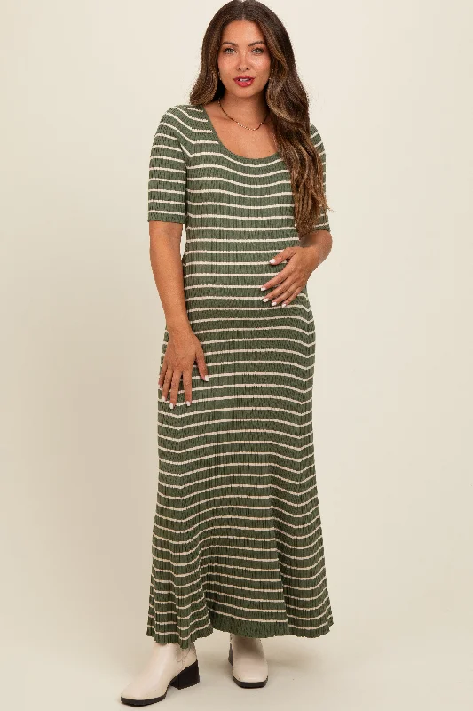 Limited Stock, Big Discounts Olive Striped Ribbed Short Sleeve Maternity Maxi Dress