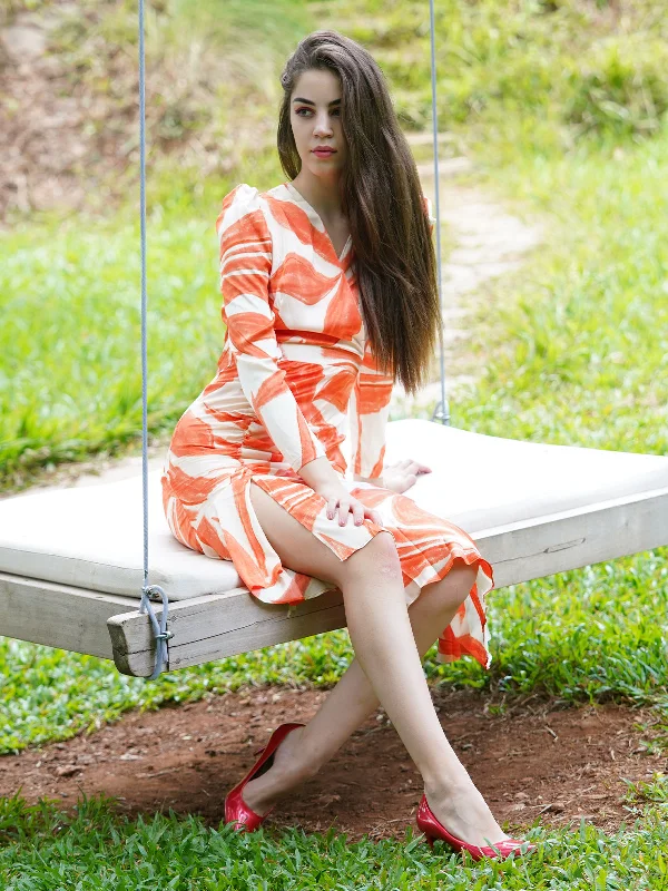 Clearance Sale, All Cheap Odette Women Orange Satin Abstract Print Stitched Dress