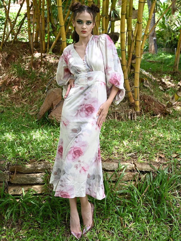 The Good Stuff Odette Women Pink Party Wear A-Line Printed Satin Stitched Dress