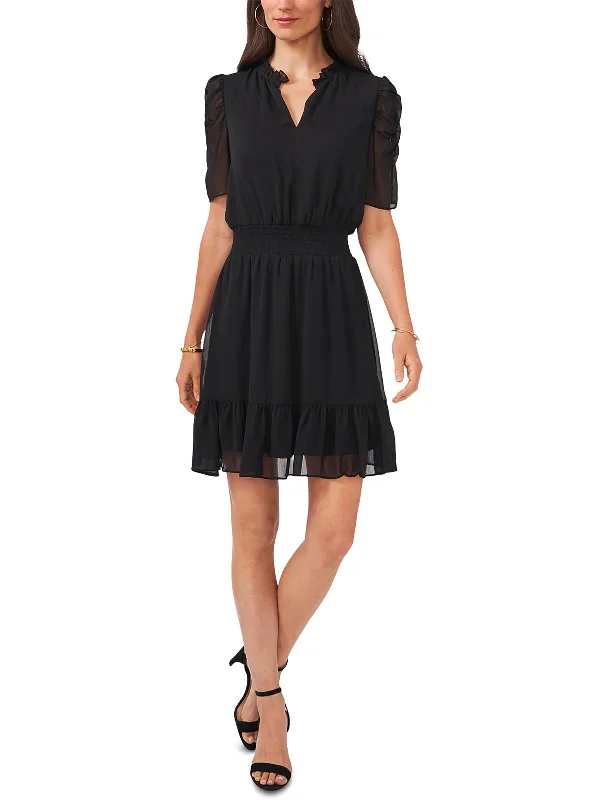 Contemporary Chic Petites Womens Ruffled Smocked Mini Dress
