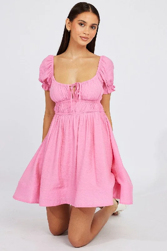 Stylish Looks Pink Fit and Flare Dress Short Sleeve Ruched