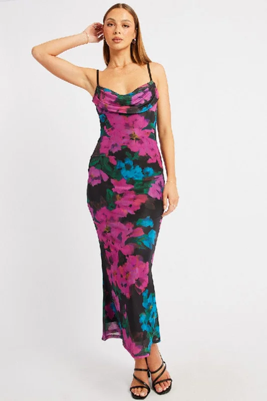 Ride The Style Wave Pink Floral Bodycon Dress Singlet Cowl Neck Maxi