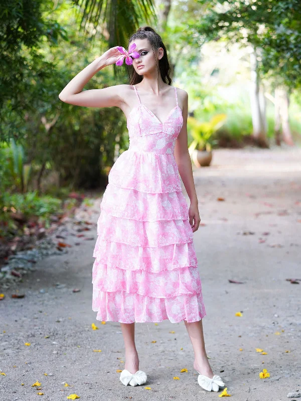Trendy Street Style Odette Women Pink Printed Georgette Frilled Stitched Dress