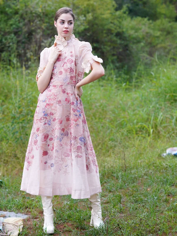 Season Sale Odette Women Pink Printed Striped Polyester Voil Long A-Line Stitched Dress