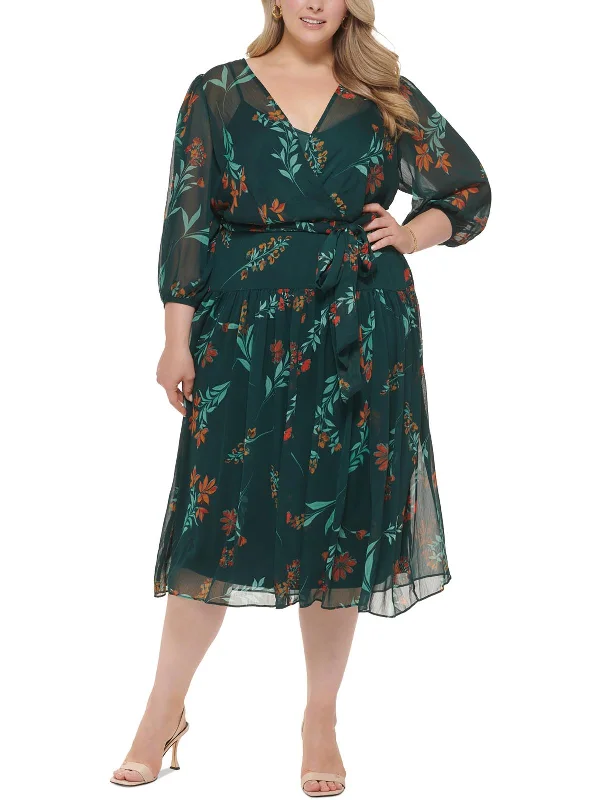 Gorgeous Glamour Collection Plus Womens Chiffon Floral Fit & Flare Dress