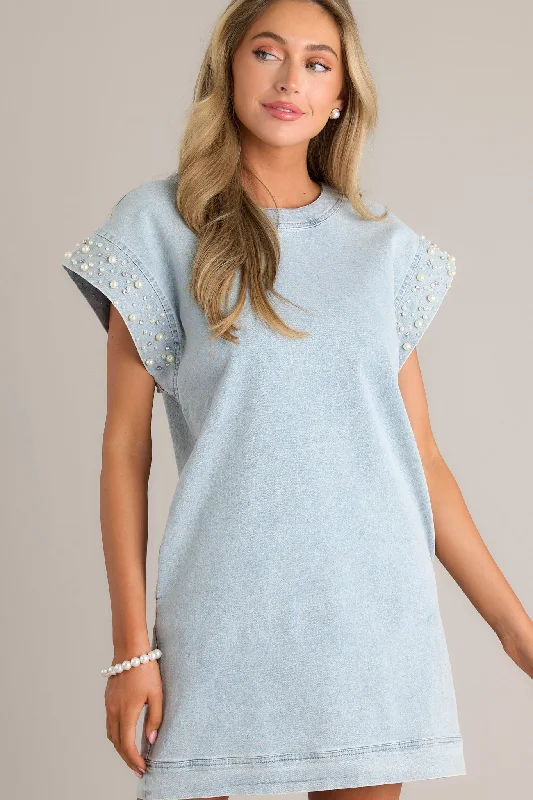 You'Ll Love Us Because Purely Posh Light Wash Cap Sleeve Mini Dress