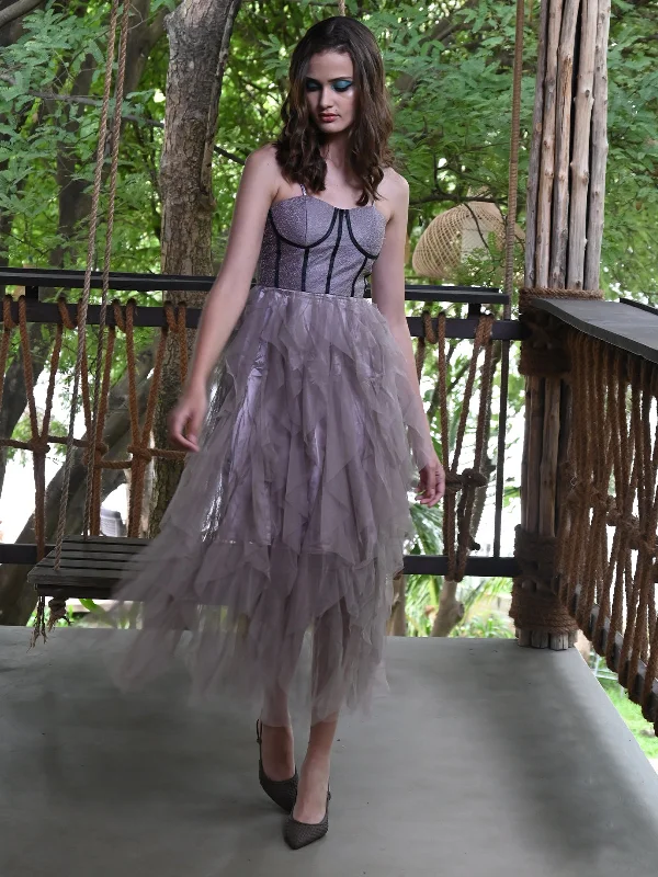 Luxe Women's Apparel Odette Women Purple Long Textured Polyester With Net Stitched Dress