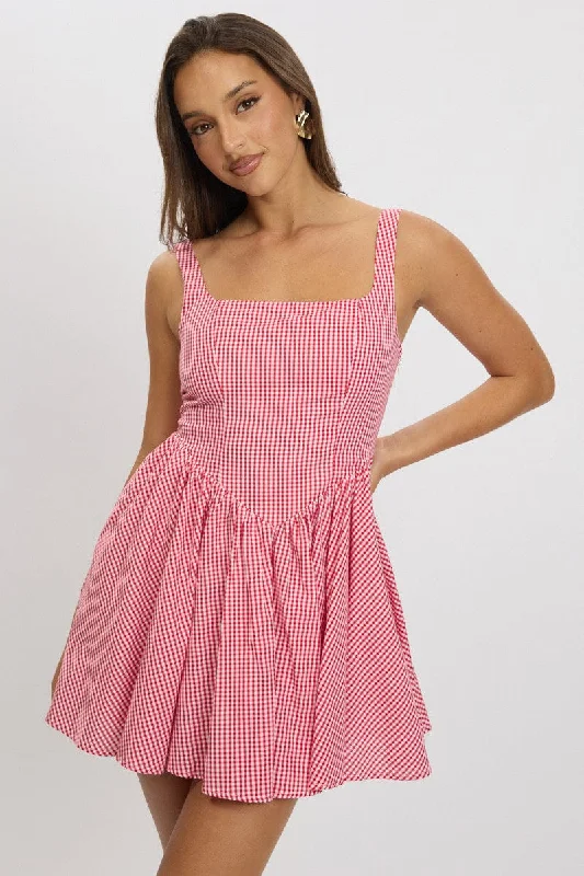 Exclusive Sale Red Check Fit And Flare Dress Mini