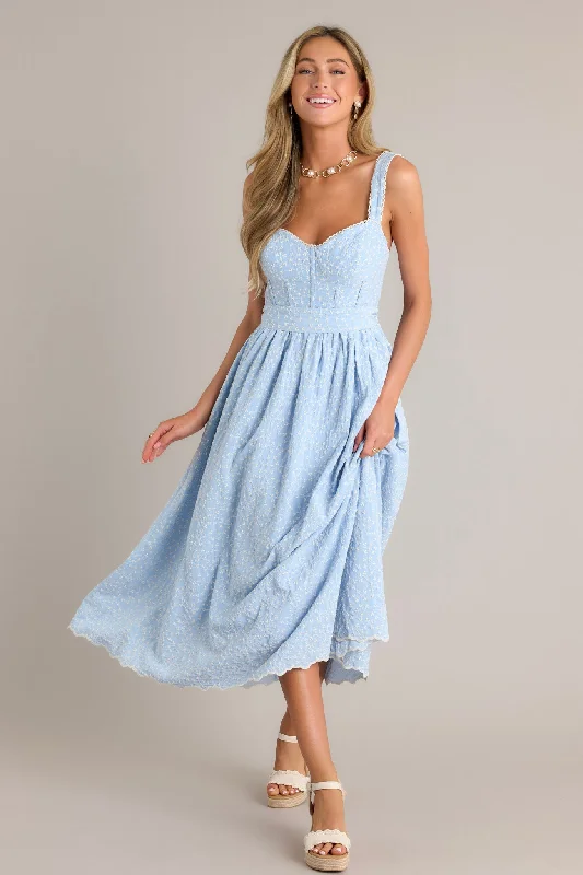 New Styles Just In Stitched Serenity Light Blue Embroidered Midi Dress