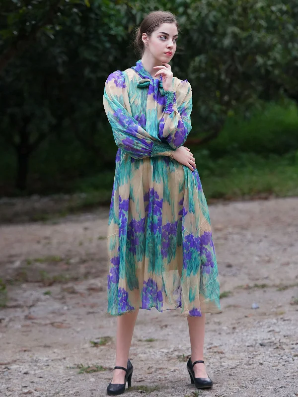Fashion-Forward Odette Women Teal Green Polyester Chiffon Printed Long Stitched Dress