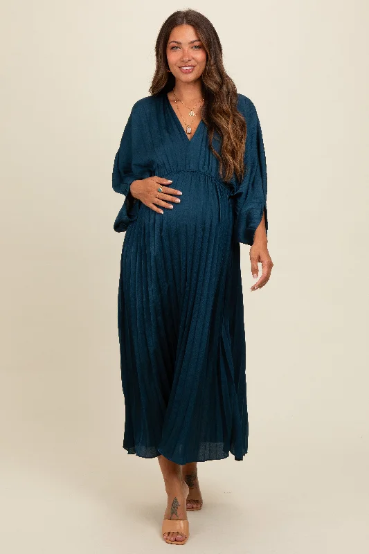 Essentials On Sale Teal Satin Pleated V-Neck Maternity Maxi Dress