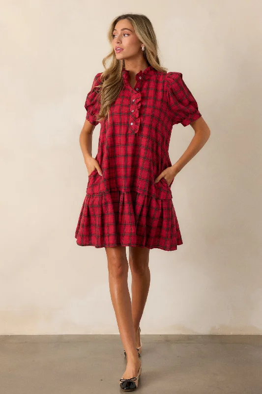 Trendy Women's Wear Collection Warmth from Within 100% Cotton Red Plaid Mini Dress