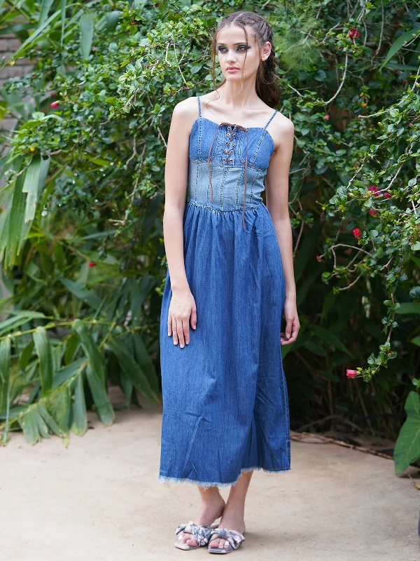 Formal Outfit Odette Women Washed Denim Blue Solid Long Stitched Dress