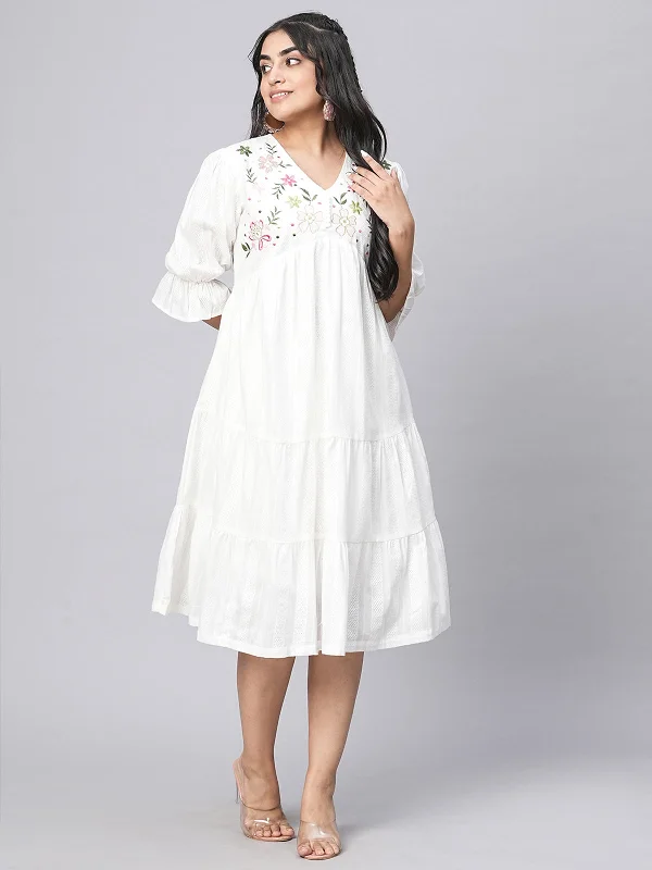 Fashion Sale Odette White Cotton Embroidered Fit and Flared Stitched Indo Western Dress for Women