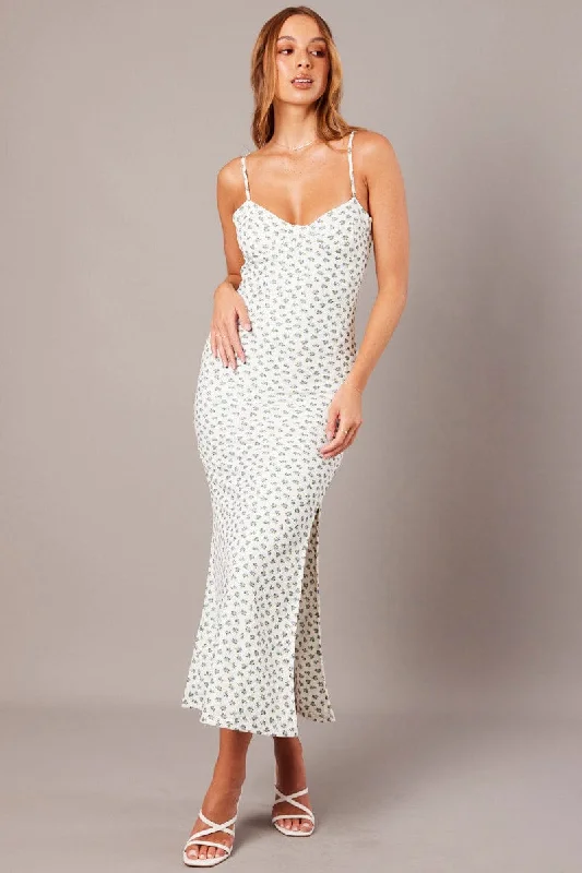 Popular Collection White Ditsy Maxi Dress Sweetheart Neck Bodycon Textured