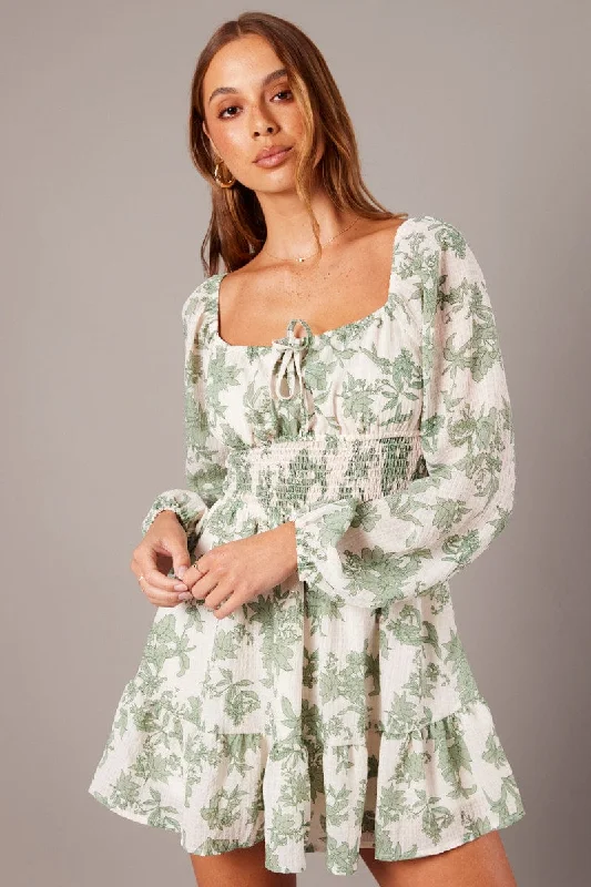 Hot Styles White Floral Fit and Flare Dress Long Sleeve Ruched Bust