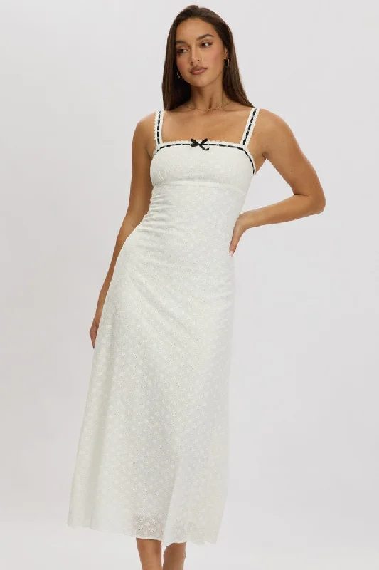 Save Big White Midi Dress Lace Trim Sleeveless Eyelet Fabric