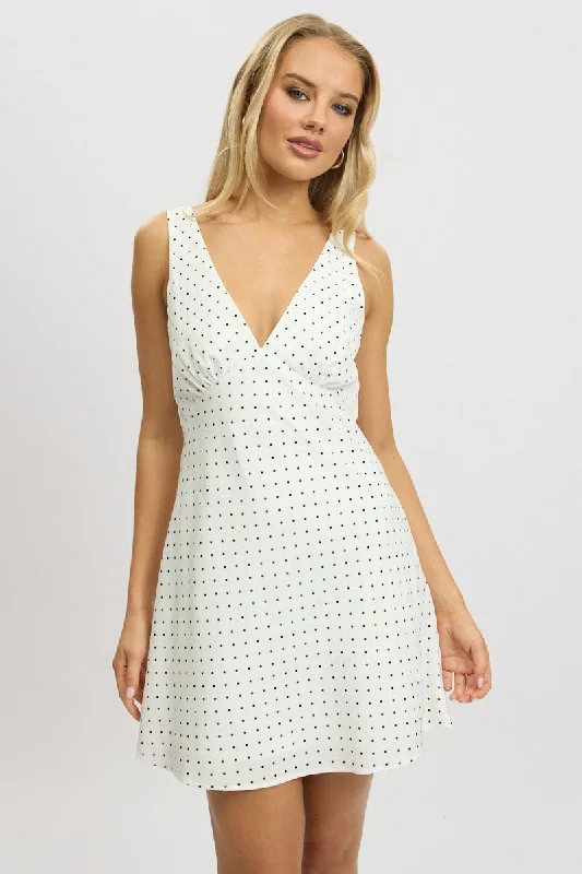 Save On Inspired Styles White Polka Dot A Line Mini Dress Sleeveless
