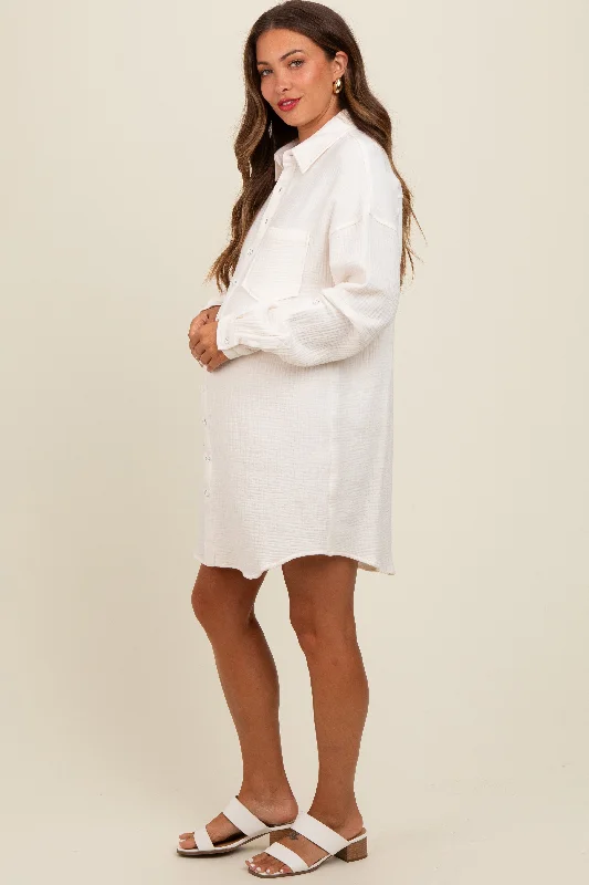 Chic And Trendy White Rolled Cuff Maternity Button Down Dress