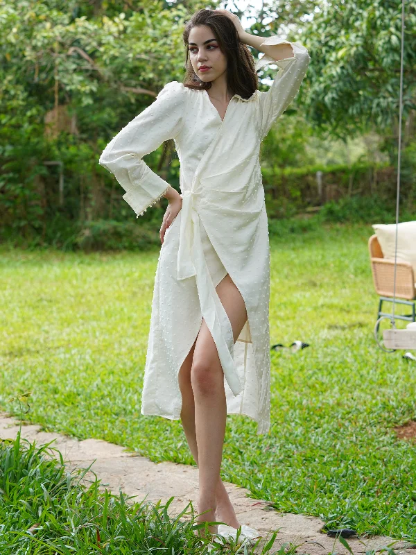 Comfortable Clothes Odette Women White Satin With Dobby Long Time Stitched Dress
