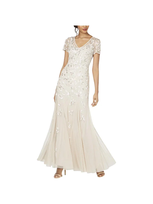 Rustic Countryside Charm Look Womens Beaded V-Neck Evening Dress