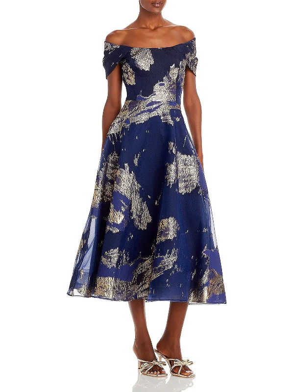 Feminine Grace Womens Jacquard Off-The-Shoulder Midi Dress