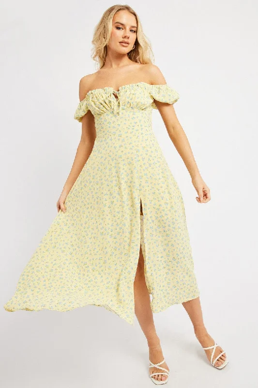 Huge Discounts This Week Yellow Ditsy Midi Dress Puff Sleeve