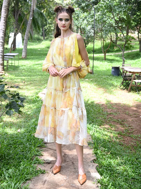 Save On Inspired Styles Odette Women Yellow Polyester Chiffon Printed Long Stitched Dress