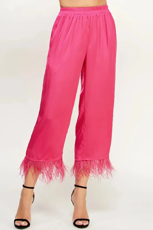 Feminine Elegant Foncy Feather Trim Pants In Fuchsia