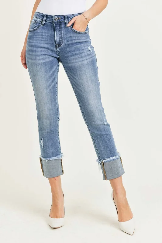 Style Your Wardrobe Raw Hem Cuffed Slim Straight Leg Jeans In Blue